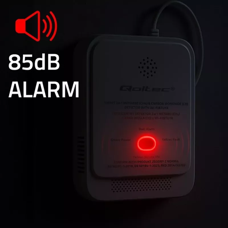Dujų ir anglies monoksido nuotėkio detektorius QOLTEC 52654 – gamtinių dujų (CH4) ir CO jutiklis su Wi-Fi ir išmaniąja programa