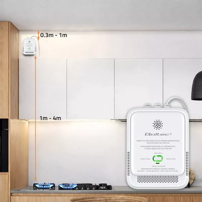 Dujų ir anglies monoksido nuotėkio detektorius QOLTEC 52654 – gamtinių dujų (CH4) ir CO jutiklis su Wi-Fi ir išmaniąja programa