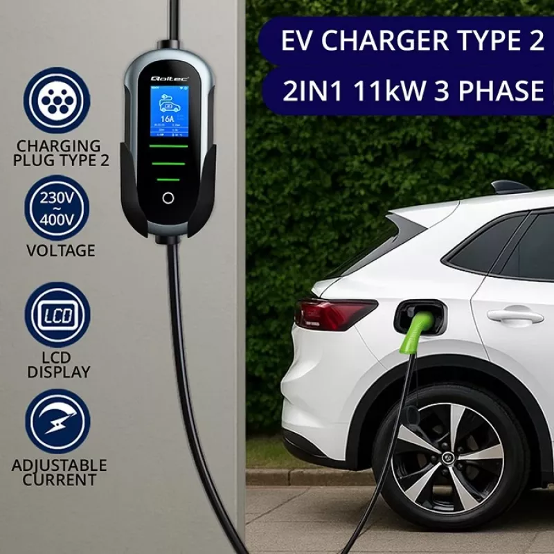 Nešiojamas elektromobilio įkroviklis QOLTEC 11 kW 400 V CEE 16 A su WiFi