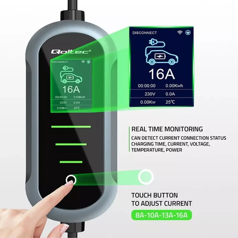 Nešiojamas elektromobilio įkroviklis QOLTEC 11 kW 400 V CEE 16 A su WiFi