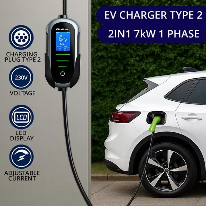 Sieninis elektromobilio įkroviklis QOLTEC 7 kW 230V CEE 32A su Wi-Fi ir LCD (52721)