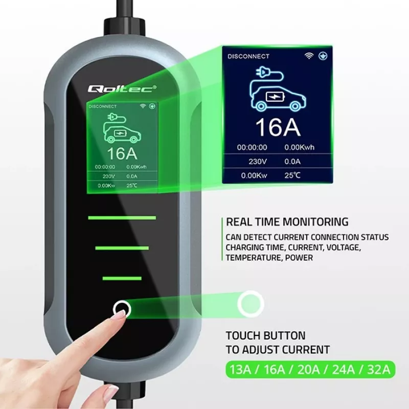 Sieninis elektromobilio įkroviklis QOLTEC 7 kW 230V CEE 32A su Wi-Fi ir LCD (52721)