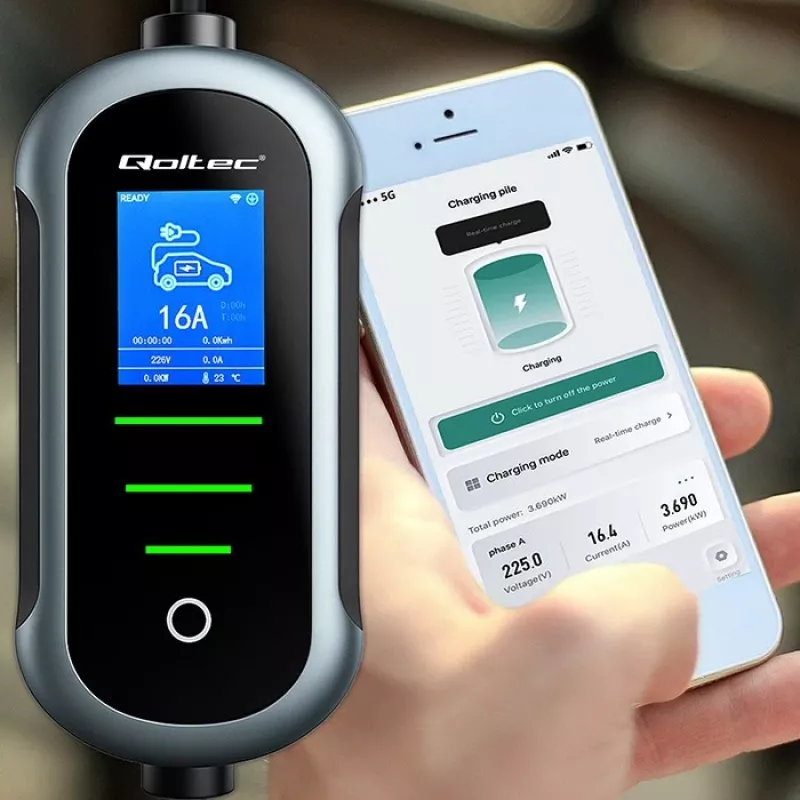 Sieninis elektromobilio įkroviklis QOLTEC 7 kW 230V CEE 32A su Wi-Fi ir LCD (52721)