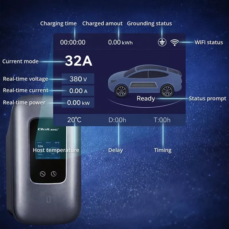 EV įkrovimo stotelė QOLTEC 3 fazių 22 kW 32 A su WiFi (model 52723)