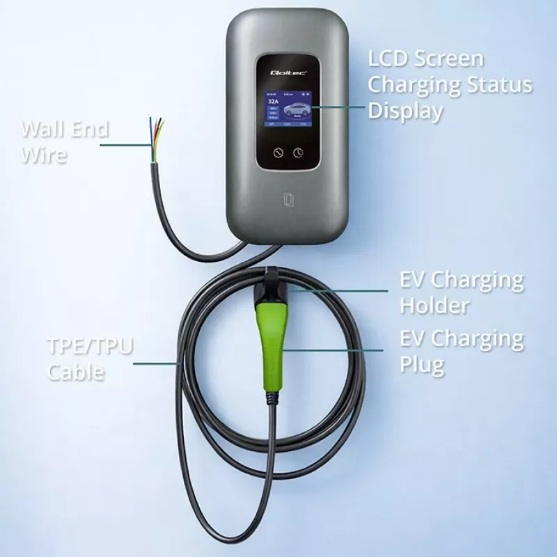 EV įkrovimo stotelė QOLTEC 3 fazių 22 kW 32 A su WiFi (model 52723)