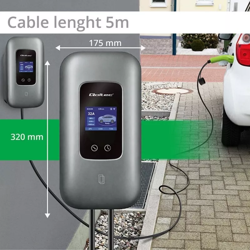 EV įkrovimo stotelė QOLTEC 3 fazių 22 kW 32 A su WiFi (model 52723)