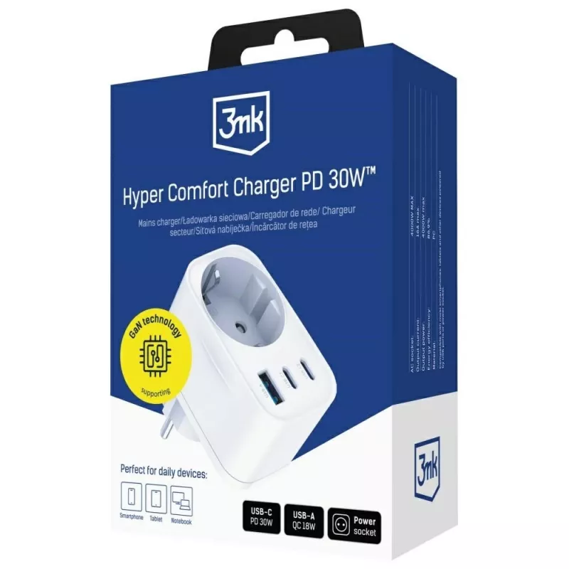 3MK Comfort Charger GaN 30W Baltas – USB maitinimo adapteris, 30W GaN išėjimas