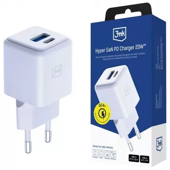 3MK Hyper GaN Universal Fast Charging 20W 1xUSB-A 1xUSB-C PD QC4+ PPS sieninis įkroviklis 100-240V baltas