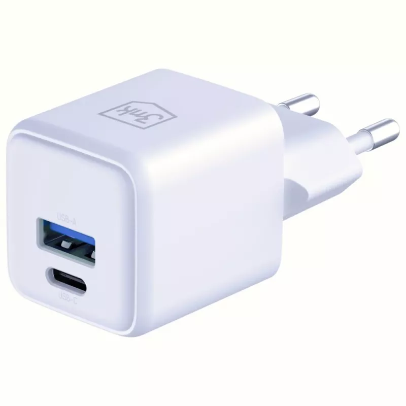 3MK Hyper GaN Universal Fast Charging 20W 1xUSB-A 1xUSB-C PD QC4+ PPS sieninis įkroviklis 100-240V baltas