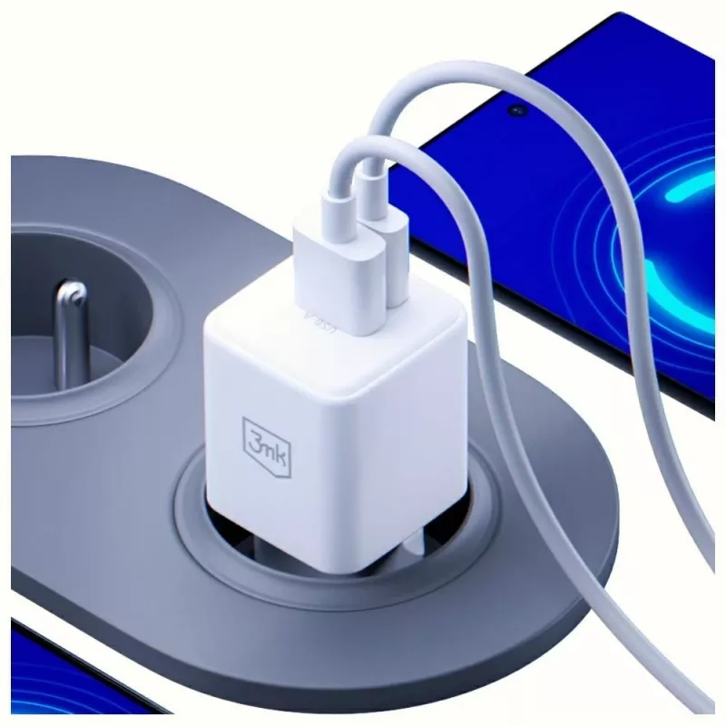 3MK Hyper GaN Universal Fast Charging 20W 1xUSB-A 1xUSB-C PD QC4+ PPS sieninis įkroviklis 100-240V baltas