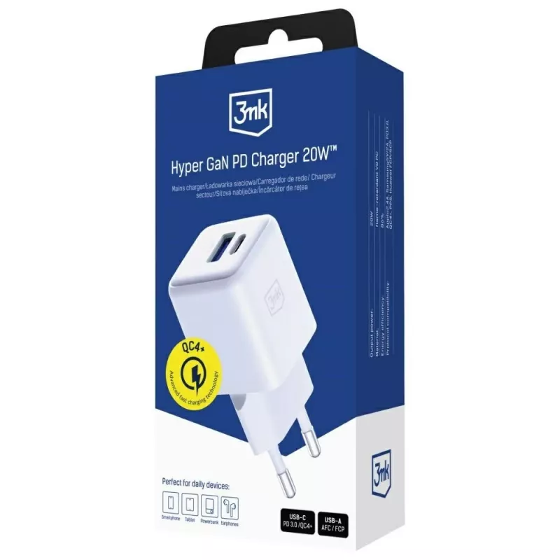 3MK Hyper GaN Universal Fast Charging 20W 1xUSB-A 1xUSB-C PD QC4+ PPS sieninis įkroviklis 100-240V baltas