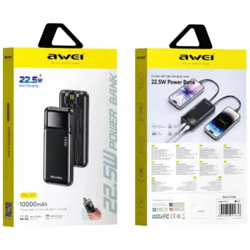 Powerbank Awei PA-91 10000mAh 22,5W PD 2xUSB-C + Laidas Juodas