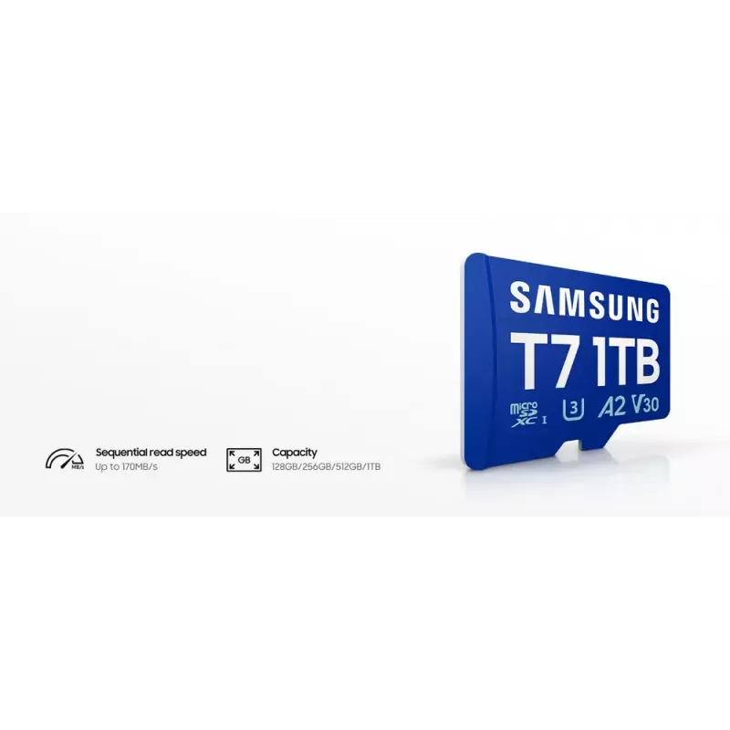 Samsung T7 256 GB mėlyna microSDXC atminties kortelė UHS-I U3 V30 skaitymas 170 MB/s