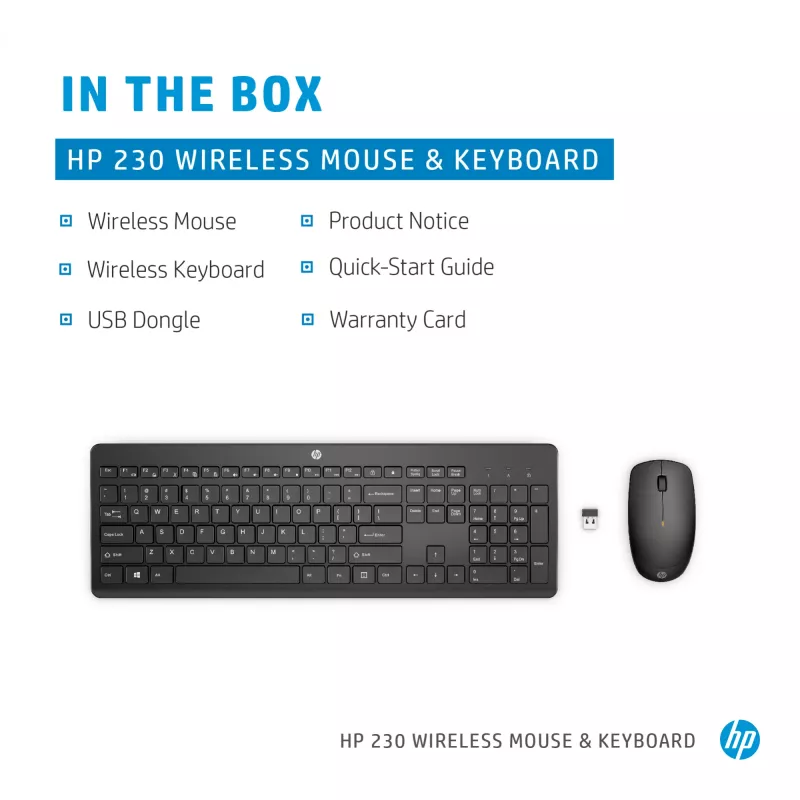 HP 230 belaidis pelės ir klaviatūros rinkinys, pilno dydžio, RF belaidis, membraninė, juoda, pelė įtraukta