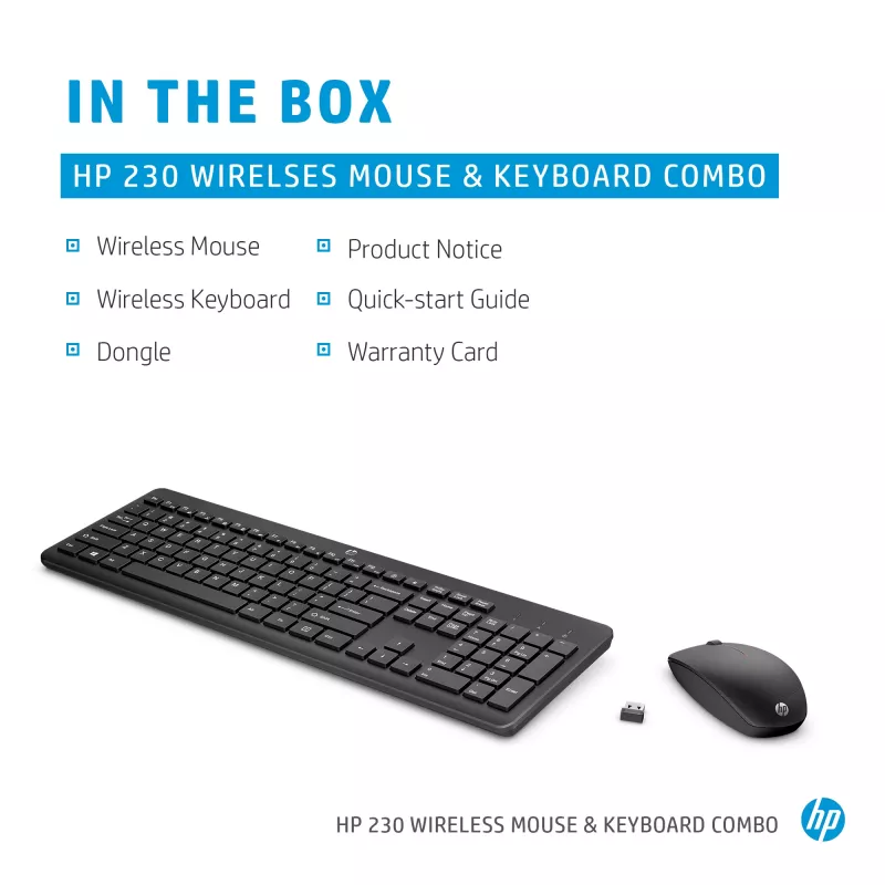 HP 230 belaidis pelės ir klaviatūros rinkinys, pilno dydžio, RF belaidis, membraninė, juoda, pelė įtraukta