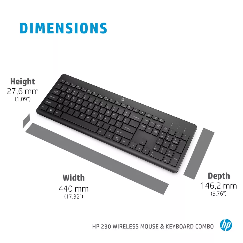 HP 230 belaidis pelės ir klaviatūros rinkinys, pilno dydžio, RF belaidis, membraninė, juoda, pelė įtraukta