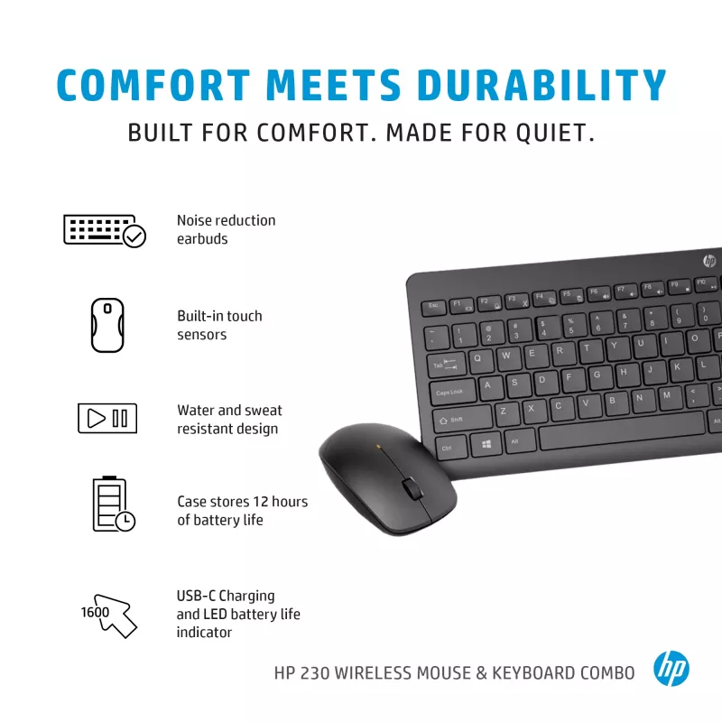 HP 230 belaidis pelės ir klaviatūros rinkinys, pilno dydžio, RF belaidis, membraninė, juoda, pelė įtraukta