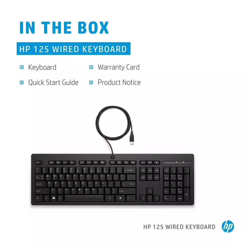 HP 125 laidinė klaviatūra, pilno dydžio, USB, membraninė, juoda