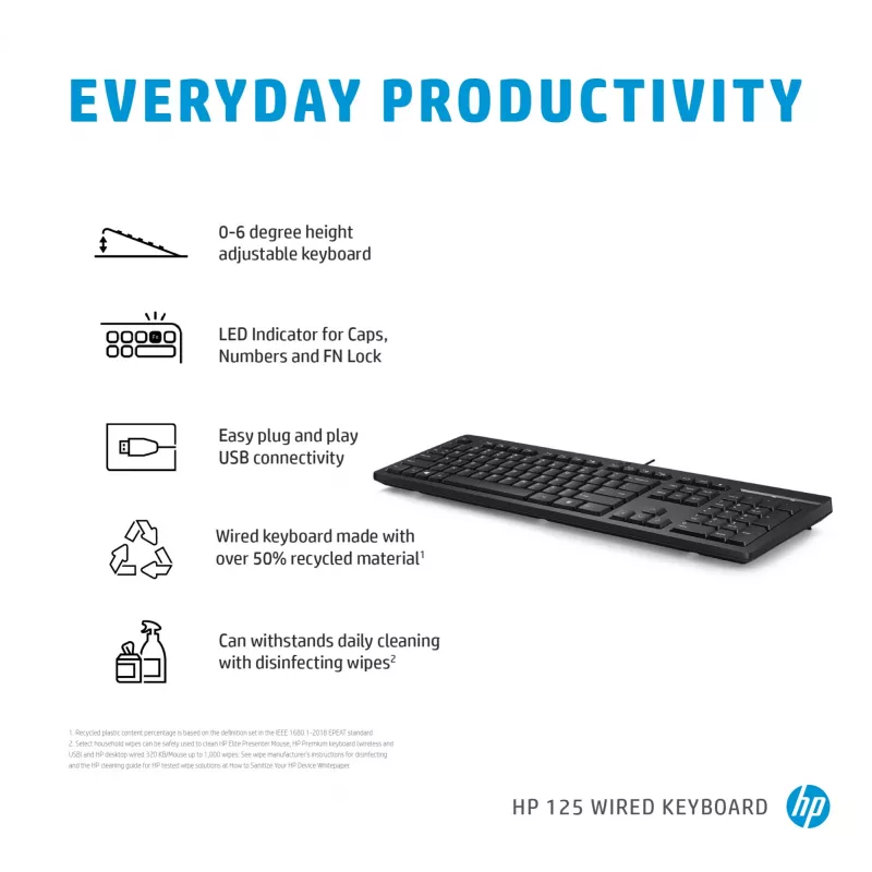 HP 125 laidinė klaviatūra, pilno dydžio, USB, membraninė, juoda
