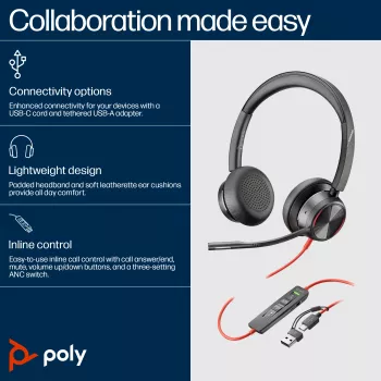 HP Poly Blackwire 8225 USB-C ausinės, laidinės, biurui/skambučių centrui, 185 g, juodos