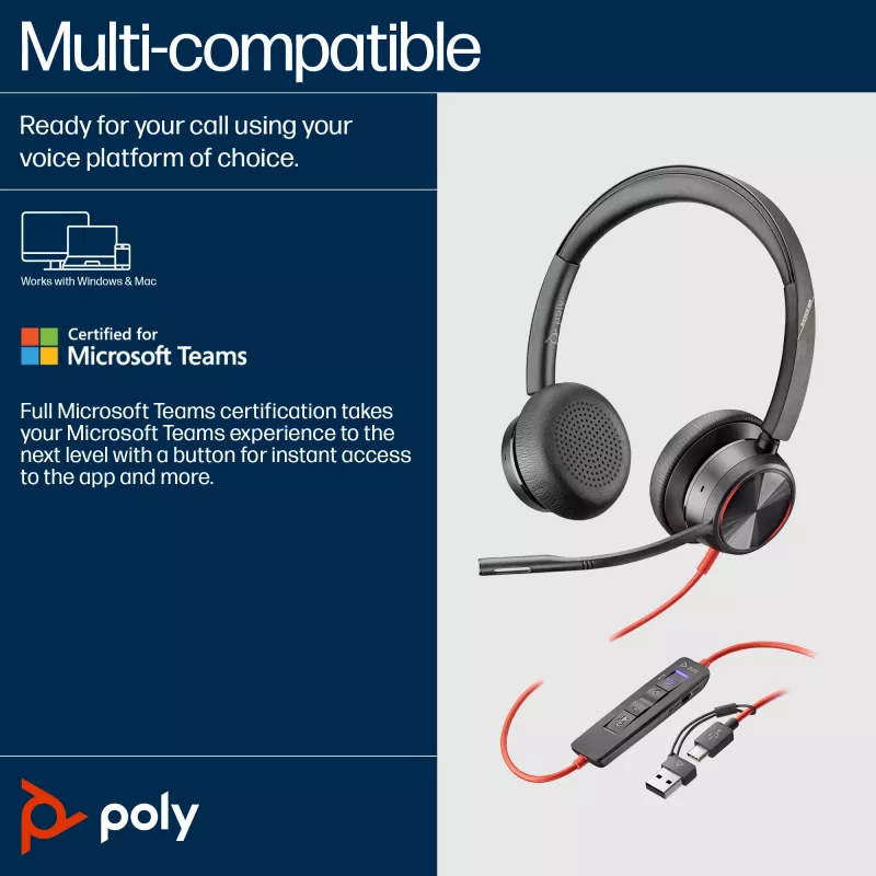 HP Poly Blackwire 8225 USB-C ausinės, laidinės, biurui/skambučių centrui, 185 g, juodos