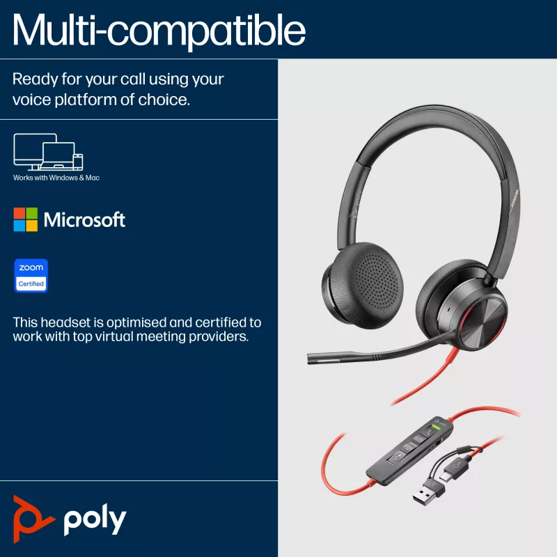 HP Poly Blackwire 8225 USB-C ausinės, laidinės, biurui/skambučių centrui, 185 g, juodos