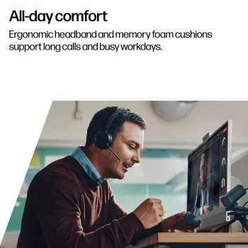 Ausinių komplektas HP Poly Voyager Focus 2-M USB-C-C su USB-C/A adapteriu, įkrovimo stovu ir Poly+ 3 metų garantija