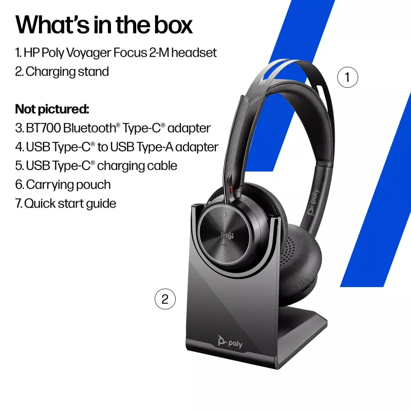 Ausinių komplektas HP Poly Voyager Focus 2-M USB-C-C su USB-C/A adapteriu, įkrovimo stovu ir Poly+ 3 metų garantija