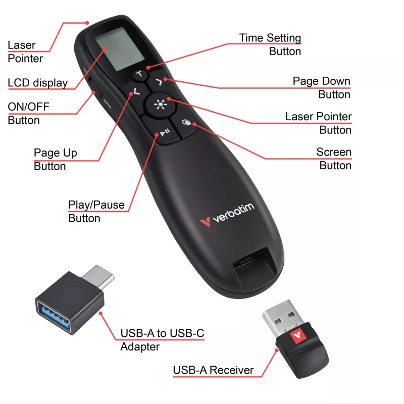 Verbatim Keynote Wireless Presenter su LCD ekranu, RF, USB, 30 m, juoda