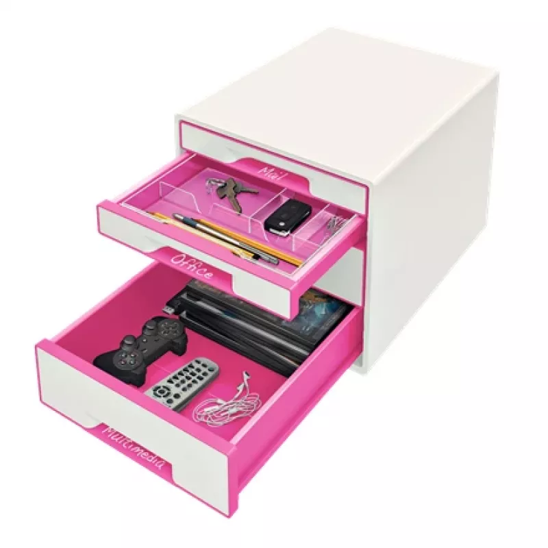 Leitz WOW Cube 4 stalčių spintelė, 4 stalčiai, plastikas, rožinė, balta, 1 vnt., 287 mm, 270 mm