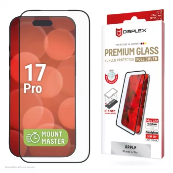 Apsauginis stiklas e.v.i. Displex iPhone 17 Pro Premium su Mount Master — atsparus įbrėžimams, permatomas/juodas