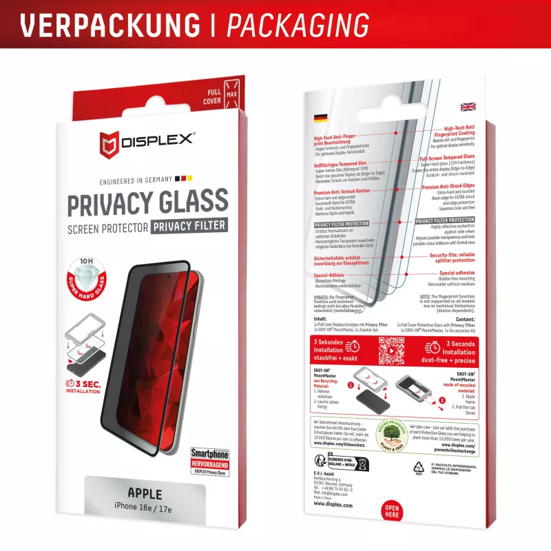 Privatumo grūdinto stiklo apsauga e.v.i. Displex (10H) Apple iPhone 16e/17e su privatumo filtru, atspari smūgiams ir įbrėžimams