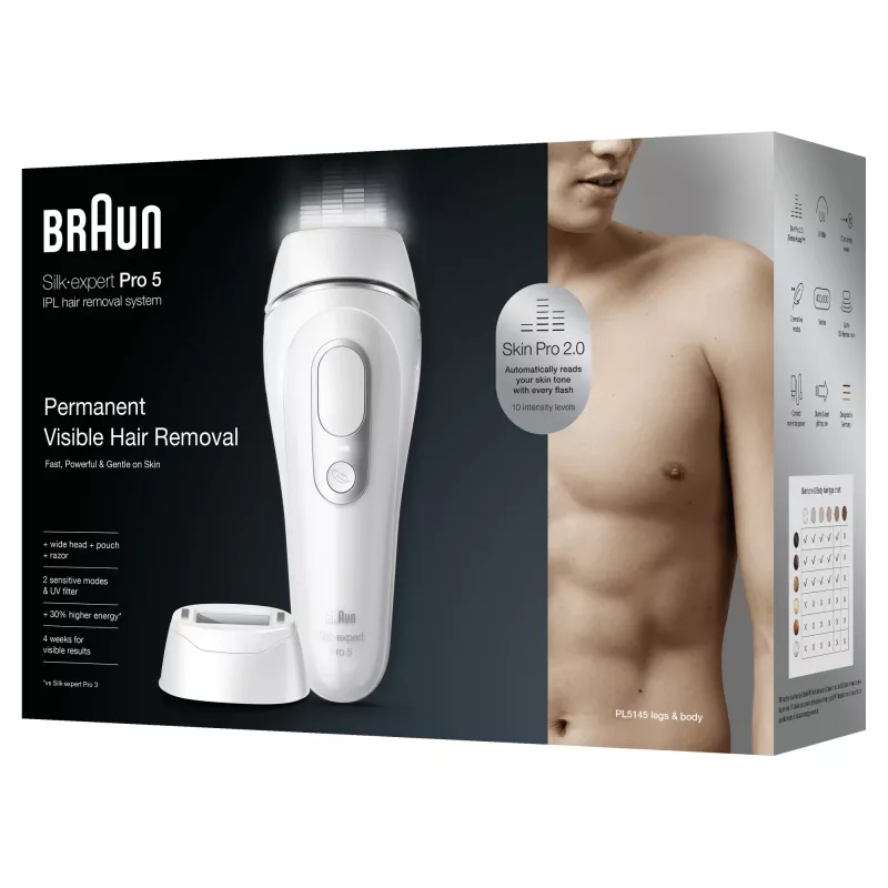 Braun Silk·expert Pro 5 PL5145 – prietaisas plaukų šalinimui impulsine šviesa (IPL), sidabrinis, baltas
