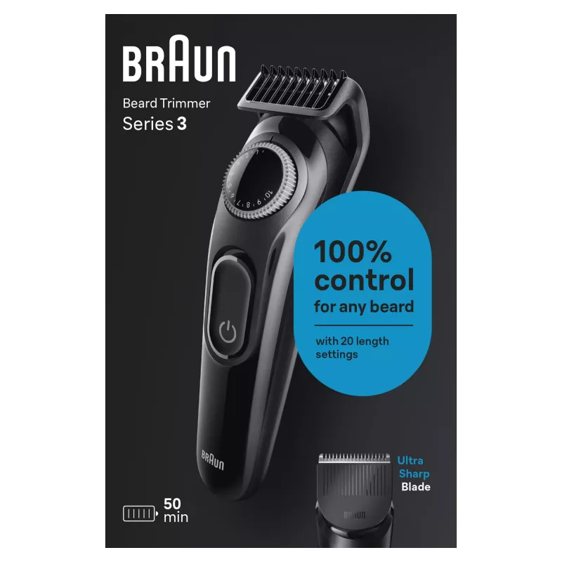 Braun BeardTrimmer 3 BT3400, barzdos kirpimo mašinėlė, plaunama, baterija, juoda