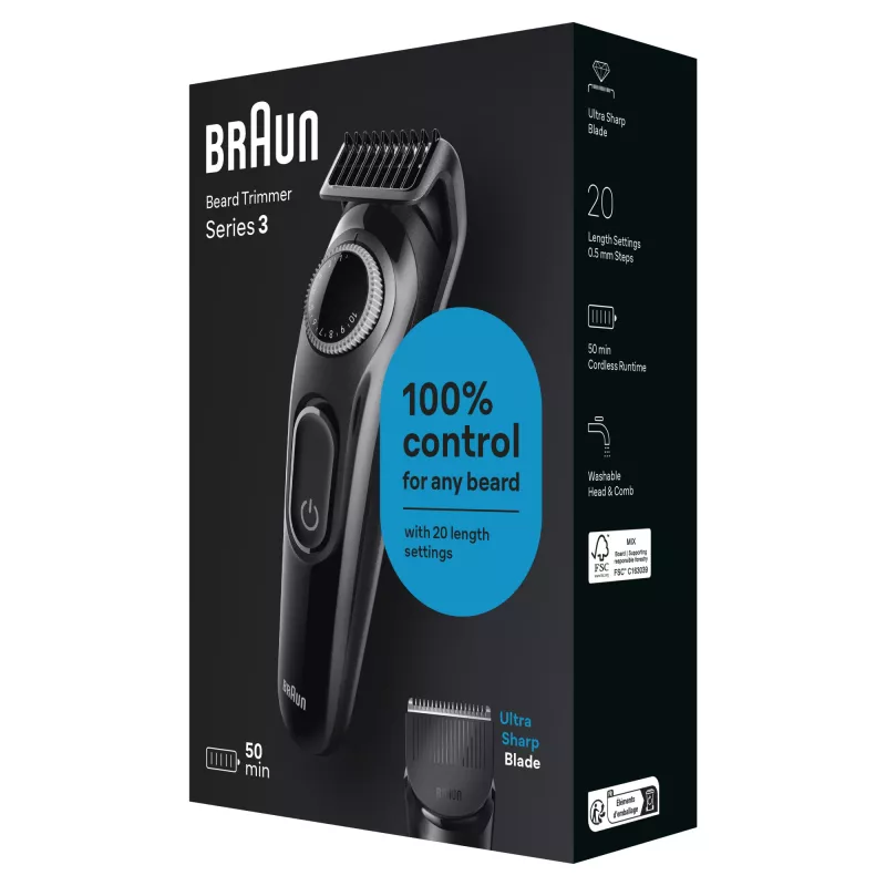 Braun BeardTrimmer 3 BT3400, barzdos kirpimo mašinėlė, plaunama, baterija, juoda