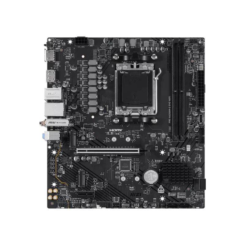 Motininė plokštė MSI Pro A620AM-G EVO WIFI – AMD A620A, Socket AM5, micro ATX, DDR5, 2 lizdai, Wi‑Fi 6E, 2,5Gb Ethernet