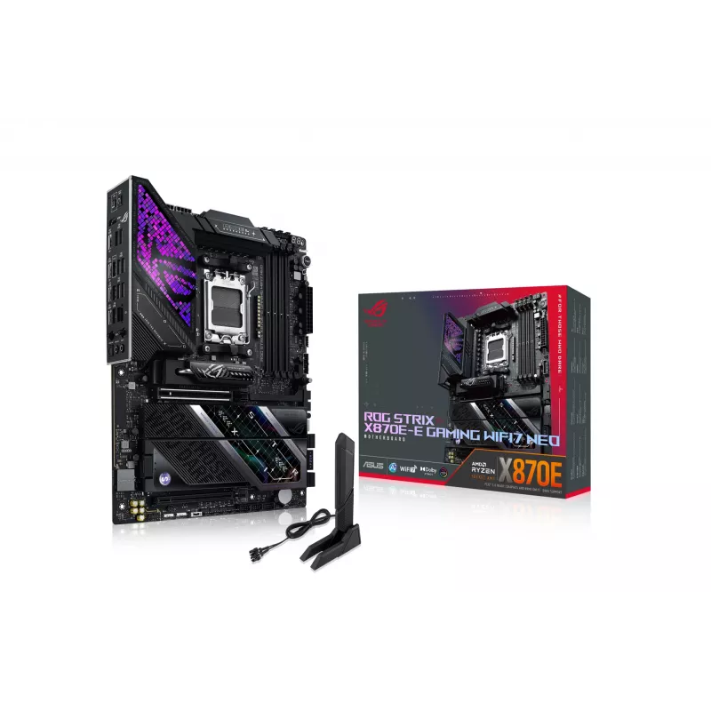 Motininė plokštė ASUS ROG STRIX X870E-E GAMING WIFI7 NEO — AM5, X870E mikroschemų rinkinys, PCIe palaikymas, Wi‑Fi 7