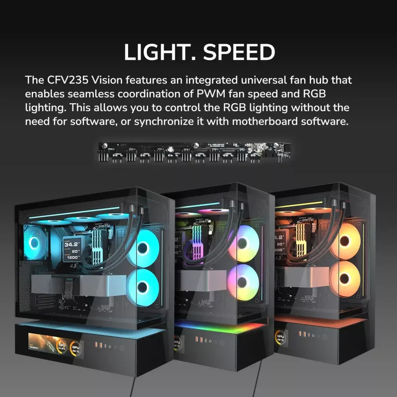Cougar CFV235 Vision Midi Tower PC korpusas, ARGB, 9,16 colių LCD (1920×462), grūdintas stiklas, juodas