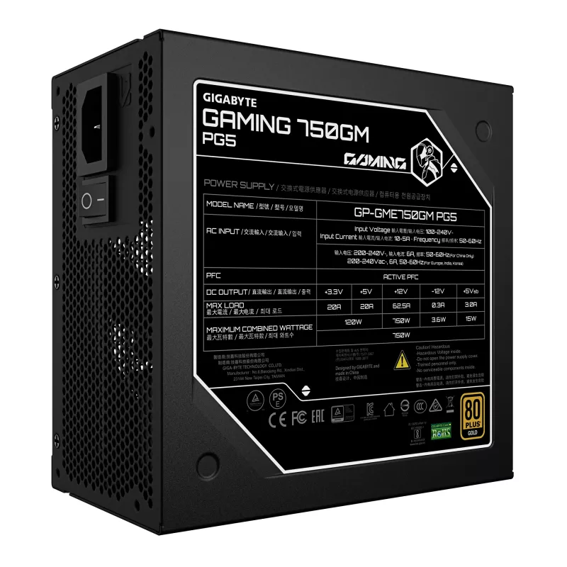 GIGABYTE GAMING 750GM PG5 maitinimo blokas – PCIe 5.1, 80 PLUS Gold, visiškai modulinis, 135 mm ventiliatorius, ATX 3.1 suderinamas, EU kištukas
