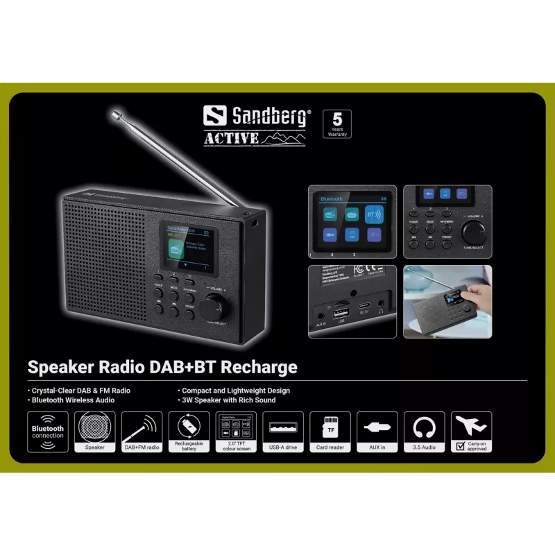 Nešiojamas radijas Sandberg Speaker Radio DAB+BT Recharge, DAB+, FM, Bluetooth, 3 W