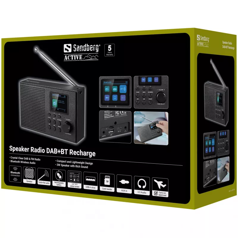Nešiojamas radijas Sandberg Speaker Radio DAB+BT Recharge, DAB+, FM, Bluetooth, 3 W