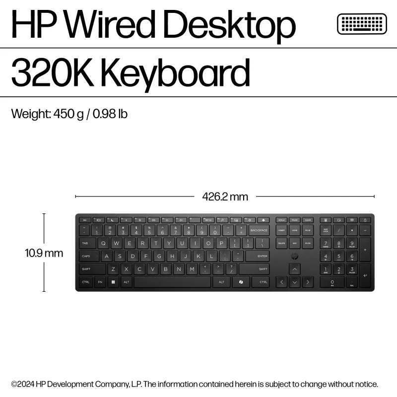 HP Wired Desktop 320K klaviatūra, pilno dydžio, USB, membraninė, juoda