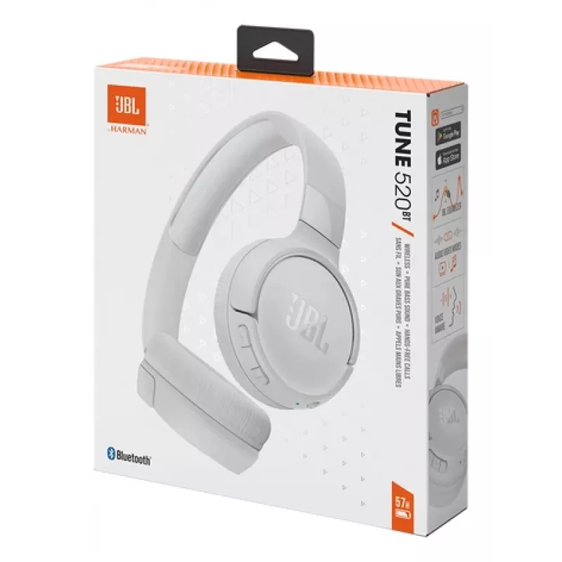 JBL Tune 520BT belaidės ausinės su mikrofonu, Bluetooth 5.3, USB Type-C, balta