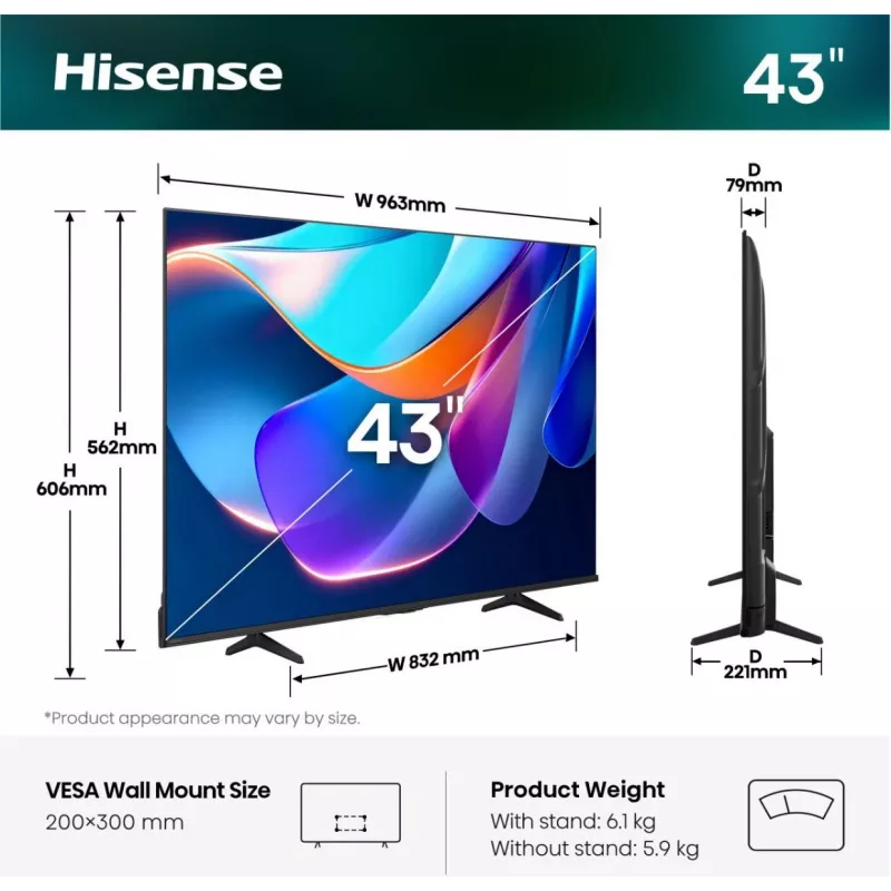Hisense 43A6S 4K Ultra HD QLED išmanusis televizorius 43 colių (3840x2160) Direct‑LED Wi‑Fi juodas