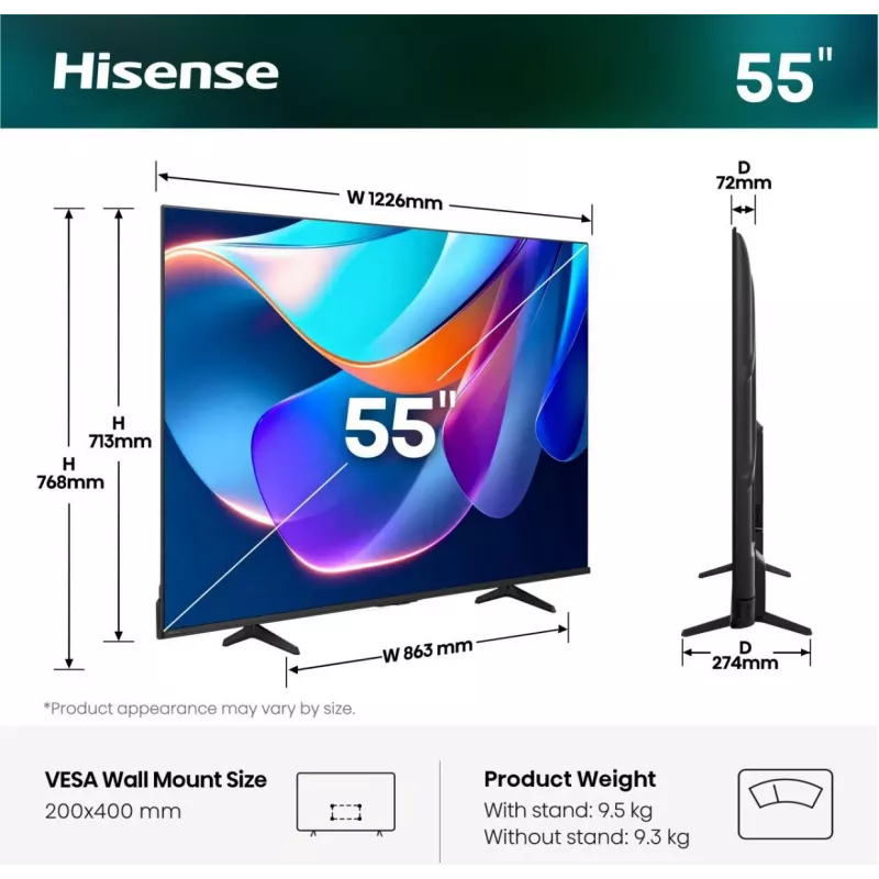 Televizorius Hisense 55A6S 55 colių (139,7 cm) QLED 4K Ultra HD Smart TV su DVB-T2/C/S2, Wi-Fi, Direct-LED – juodas