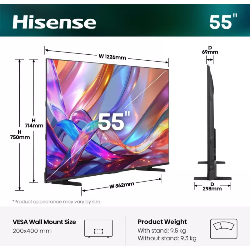 Hisense 55E7S 55 colių QLED 4K Ultra HD išmanusis televizorius su VIDAA, Direct-LED, 3840×2160, 330 cd/m², DVB-T2/C/S2, Wi‑Fi, juodas