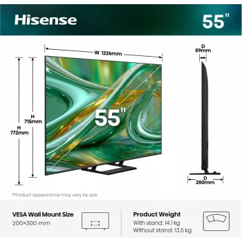 Televizorius Hisense 55E8S 55 col. (139,7 cm) QLED Mini LED 4K Ultra HD Smart TV HomeOS Wi‑Fi Pilka 400 cd/m²