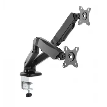 Manhattan Dvigubas monitorių laikiklis su dujine spyruokle, 10–27 col., C-clamp arba grommet, VESA 75x75 ir 100x100 mm, iki 9 kg