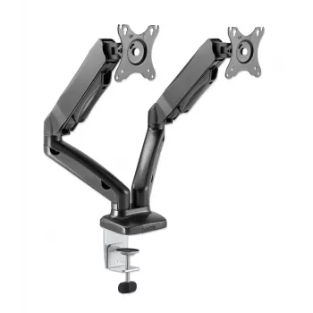 Manhattan Dvigubas monitorių laikiklis su dujine spyruokle, 10–27 col., C-clamp arba grommet, VESA 75x75 ir 100x100 mm, iki 9 kg