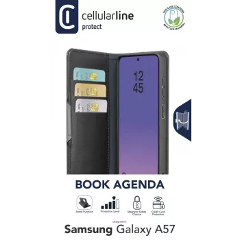 Cellularline Book Agenda 2 dėklas Galaxy A57 - knygos stiliaus dirbtinės odos dėklas su magnetiniu užraktu, stovo funkcija ir RFID/NFC apsauga bekontaktėms kortelėms